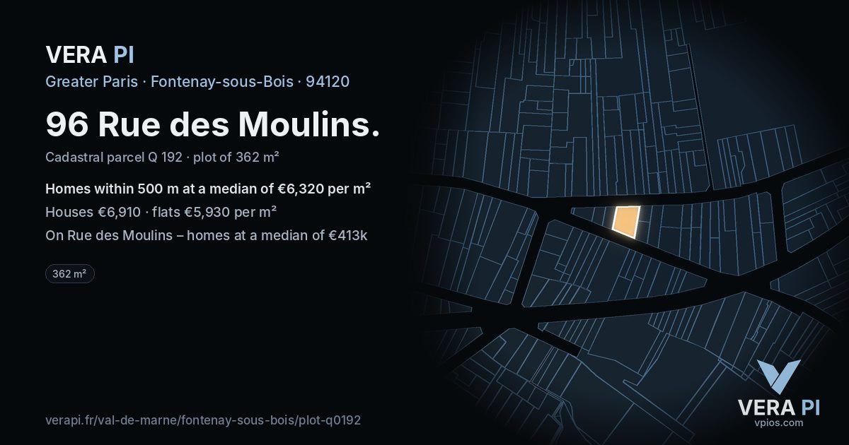 96 Rue des Moulins, Fontenay-sous-Bois at night – the plot lit, the parcels around coloured by the prices near them