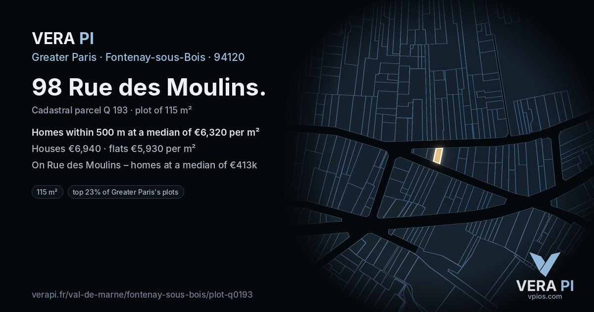 98 Rue des Moulins, Fontenay-sous-Bois at night – the plot lit, the parcels around coloured by the prices near them