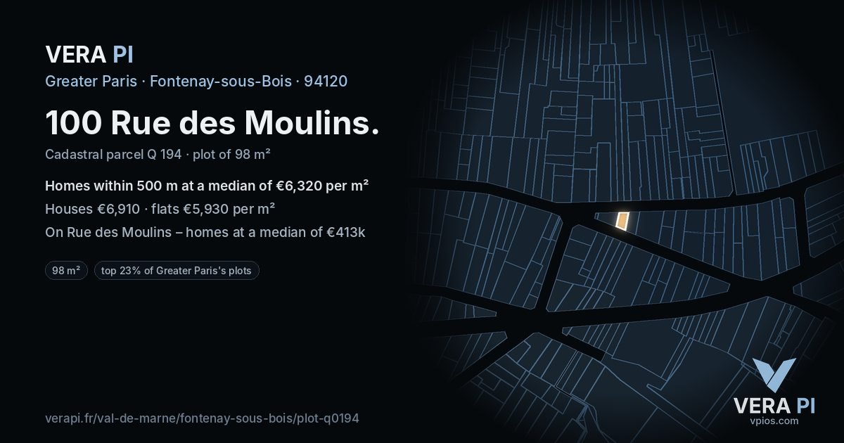100 Rue des Moulins, Fontenay-sous-Bois at night – the plot lit, the parcels around coloured by the prices near them