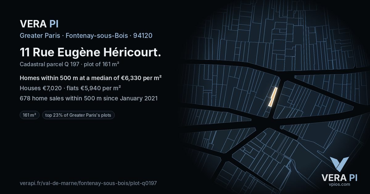 11 Rue Eugène Héricourt, Fontenay-sous-Bois at night – the plot lit, the parcels around coloured by the prices near them
