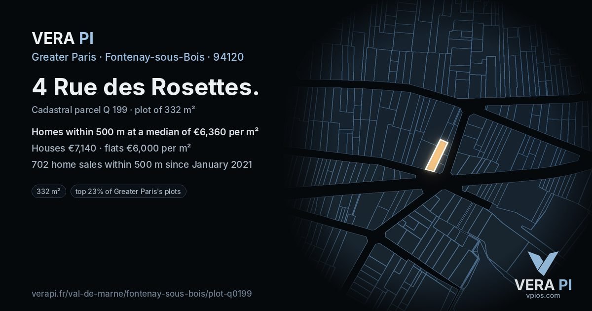 4 Rue des Rosettes, Fontenay-sous-Bois at night – the plot lit, the parcels around coloured by the prices near them