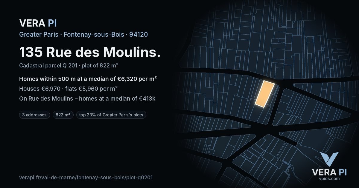 135 Rue des Moulins, Fontenay-sous-Bois at night – the plot lit, the parcels around coloured by the prices near them