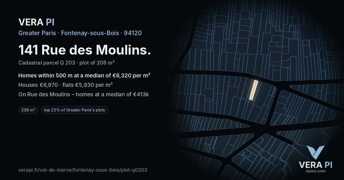 141 Rue des Moulins, Fontenay-sous-Bois at night – the plot lit, the parcels around coloured by the prices near them