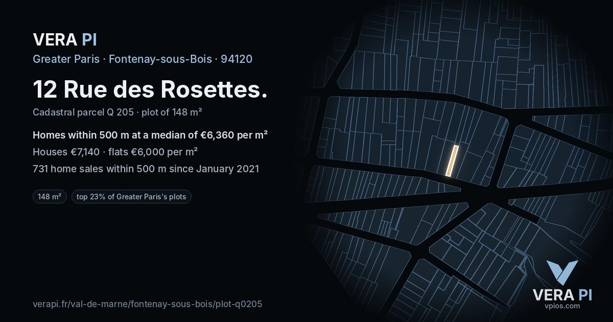12 Rue des Rosettes, Fontenay-sous-Bois at night – the plot lit, the parcels around coloured by the prices near them