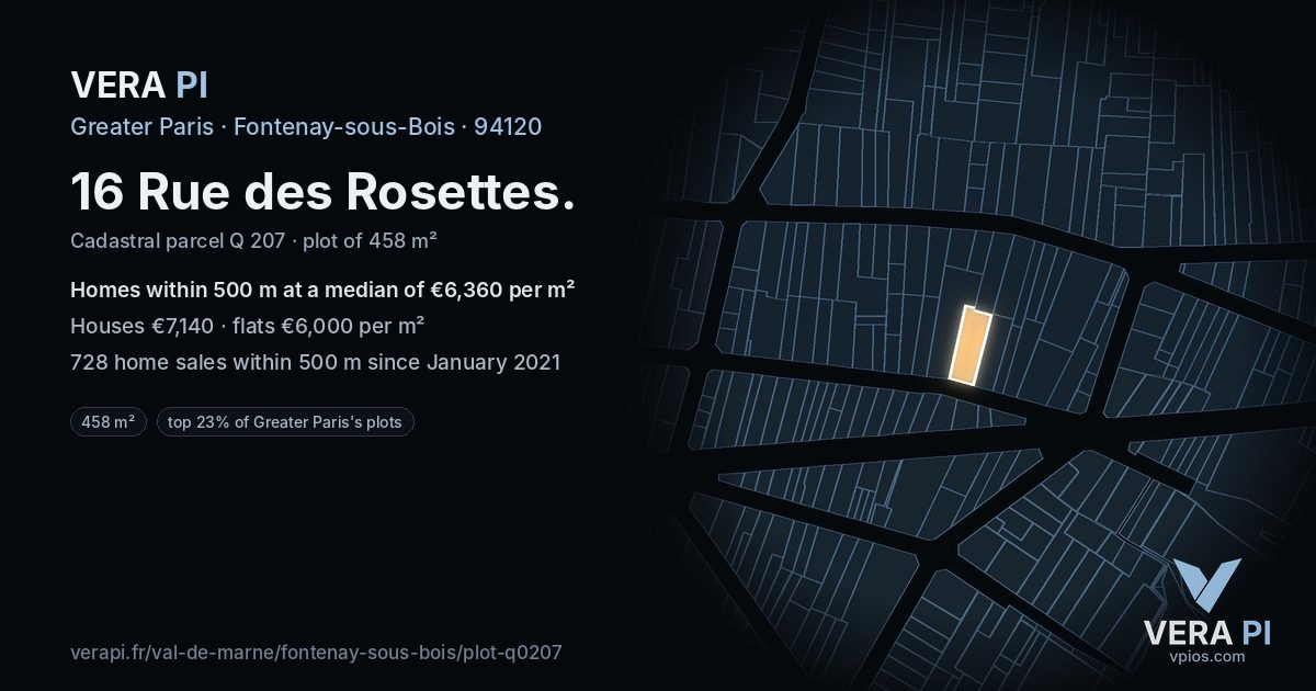 16 Rue des Rosettes, Fontenay-sous-Bois at night – the plot lit, the parcels around coloured by the prices near them