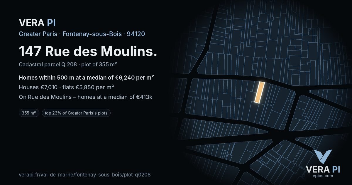 147 Rue des Moulins, Fontenay-sous-Bois at night – the plot lit, the parcels around coloured by the prices near them