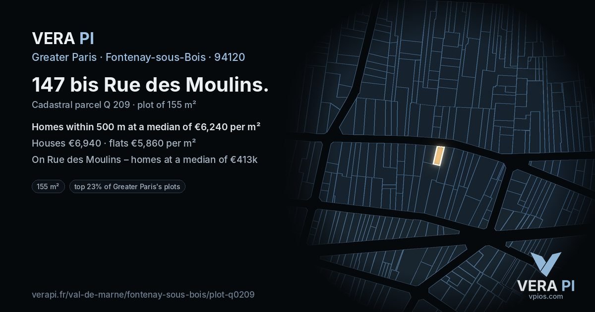 147 bis Rue des Moulins, Fontenay-sous-Bois at night – the plot lit, the parcels around coloured by the prices near them