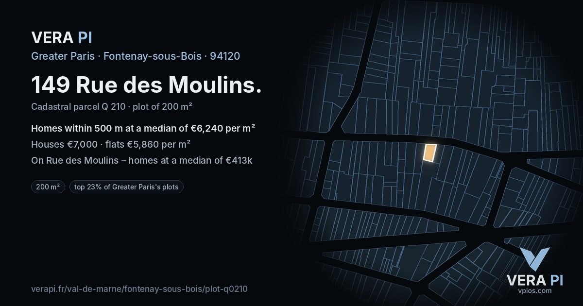 149 Rue des Moulins, Fontenay-sous-Bois at night – the plot lit, the parcels around coloured by the prices near them