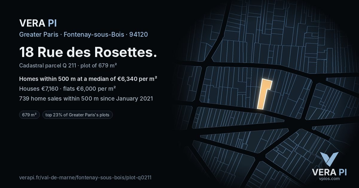 18 Rue des Rosettes, Fontenay-sous-Bois at night – the plot lit, the parcels around coloured by the prices near them