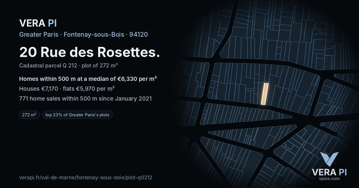20 Rue des Rosettes, Fontenay-sous-Bois at night – the plot lit, the parcels around coloured by the prices near them