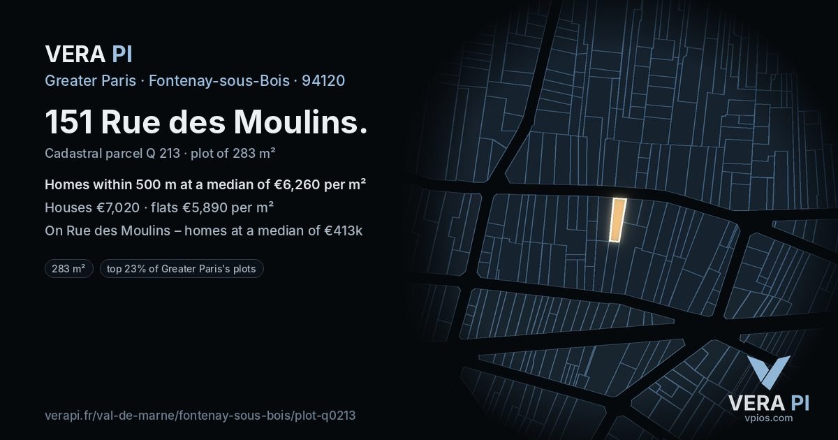 151 Rue des Moulins, Fontenay-sous-Bois at night – the plot lit, the parcels around coloured by the prices near them