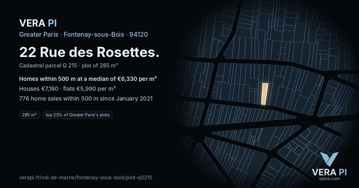 22 Rue des Rosettes, Fontenay-sous-Bois at night – the plot lit, the parcels around coloured by the prices near them