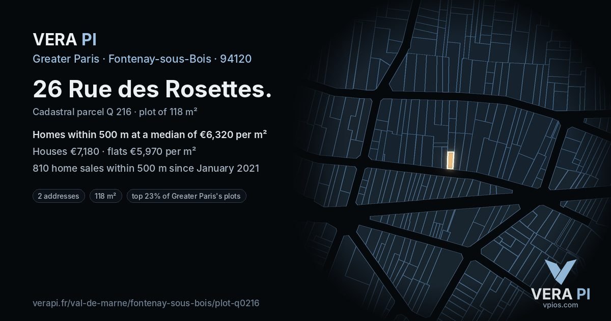 26 Rue des Rosettes, Fontenay-sous-Bois at night – the plot lit, the parcels around coloured by the prices near them