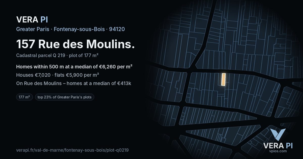 157 Rue des Moulins, Fontenay-sous-Bois at night – the plot lit, the parcels around coloured by the prices near them