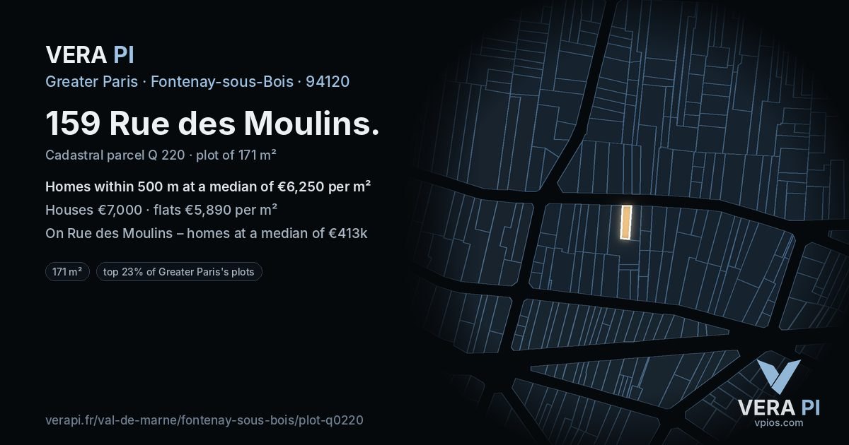 159 Rue des Moulins, Fontenay-sous-Bois at night – the plot lit, the parcels around coloured by the prices near them