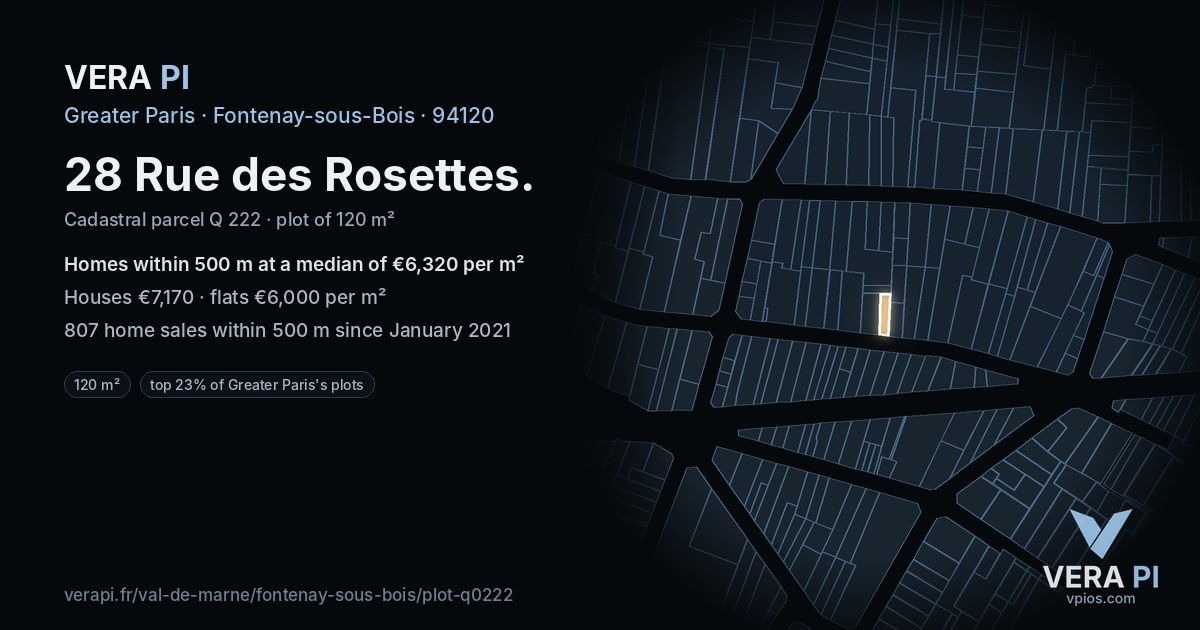 28 Rue des Rosettes, Fontenay-sous-Bois at night – the plot lit, the parcels around coloured by the prices near them