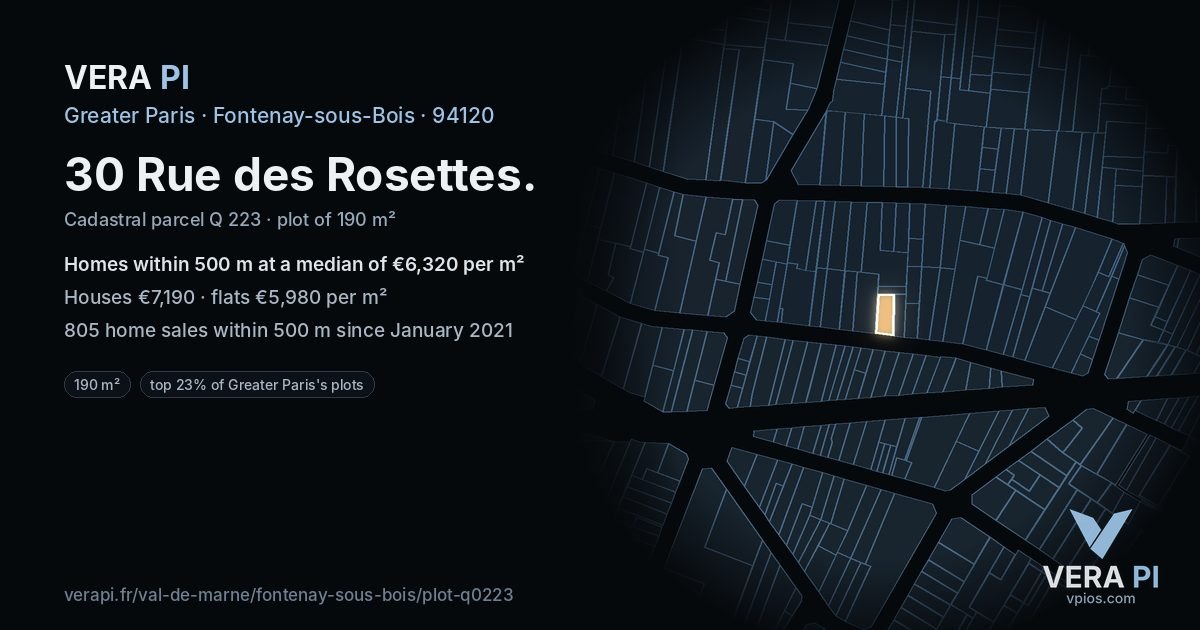 30 Rue des Rosettes, Fontenay-sous-Bois at night – the plot lit, the parcels around coloured by the prices near them
