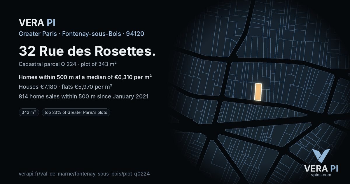 32 Rue des Rosettes, Fontenay-sous-Bois at night – the plot lit, the parcels around coloured by the prices near them