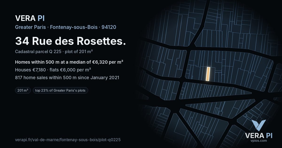 34 Rue des Rosettes, Fontenay-sous-Bois at night – the plot lit, the parcels around coloured by the prices near them