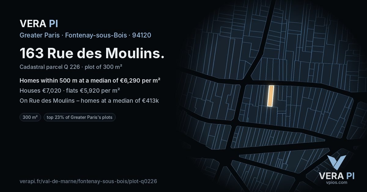163 Rue des Moulins, Fontenay-sous-Bois at night – the plot lit, the parcels around coloured by the prices near them