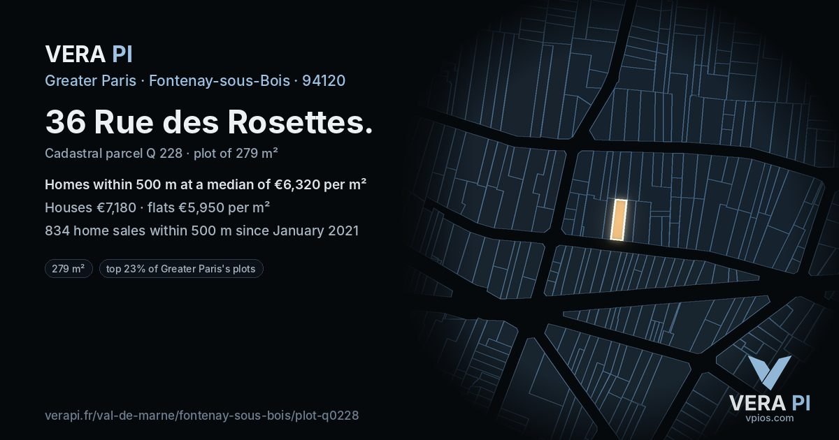 36 Rue des Rosettes, Fontenay-sous-Bois at night – the plot lit, the parcels around coloured by the prices near them