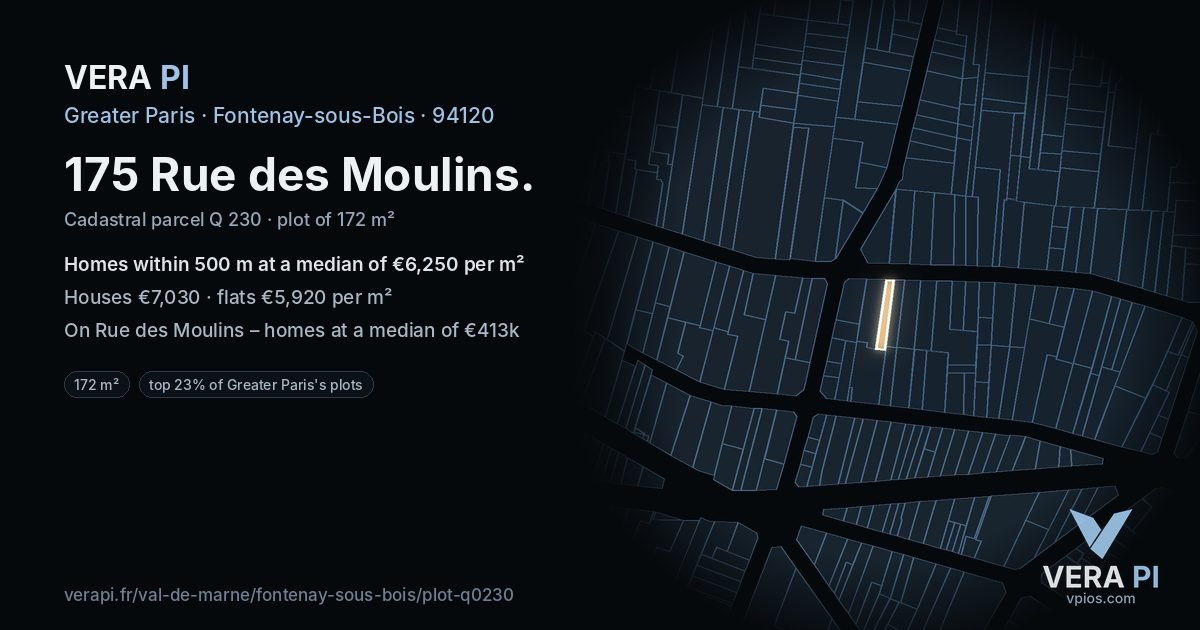 175 Rue des Moulins, Fontenay-sous-Bois at night – the plot lit, the parcels around coloured by the prices near them