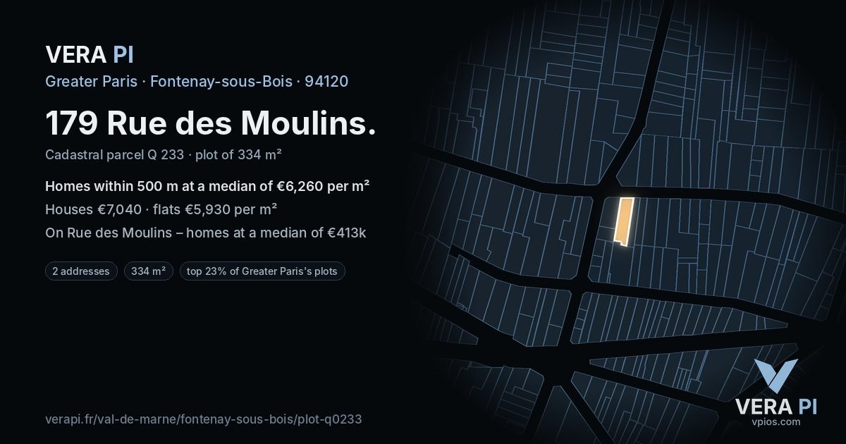 179 Rue des Moulins, Fontenay-sous-Bois at night – the plot lit, the parcels around coloured by the prices near them