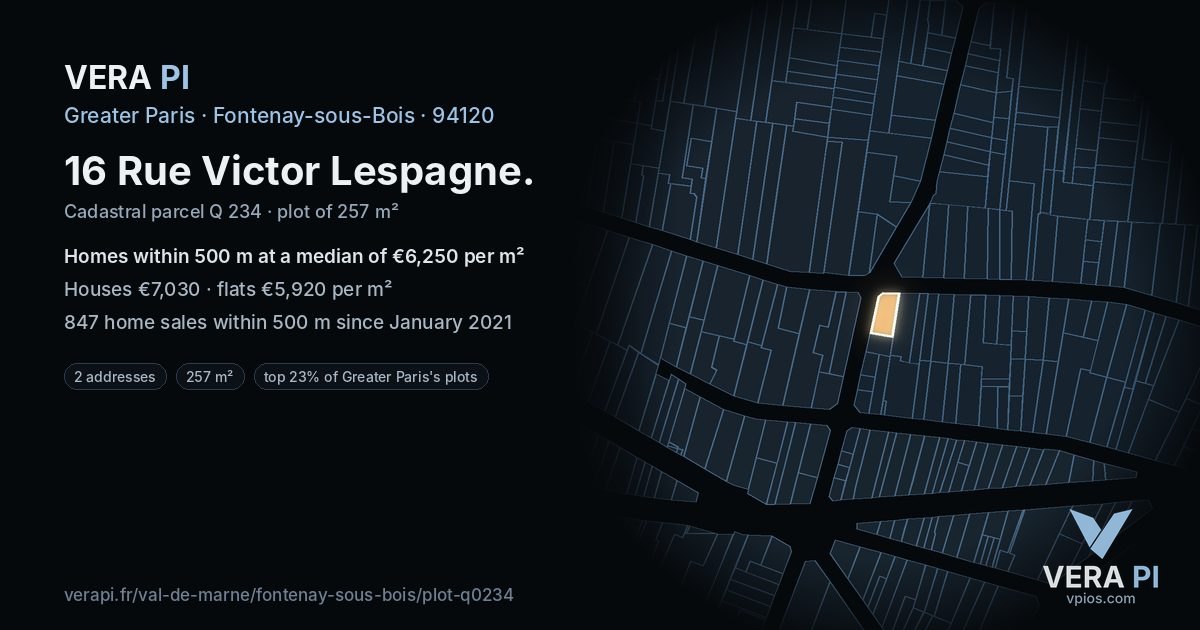 16 Rue Victor Lespagne, Fontenay-sous-Bois at night – the plot lit, the parcels around coloured by the prices near them