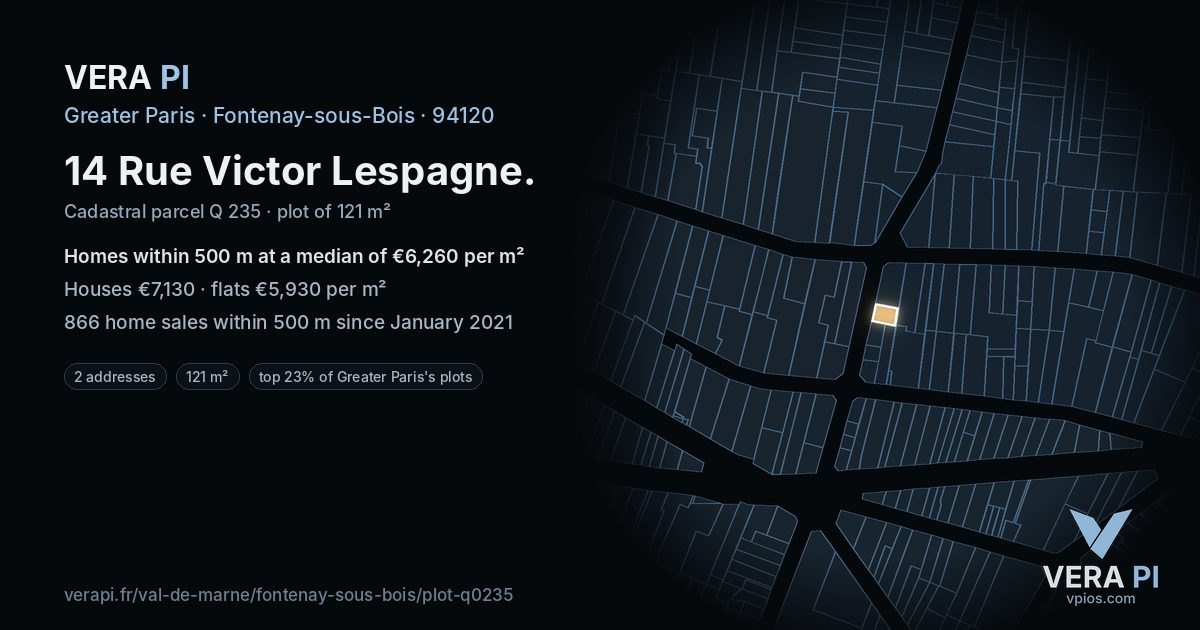 14 Rue Victor Lespagne, Fontenay-sous-Bois at night – the plot lit, the parcels around coloured by the prices near them