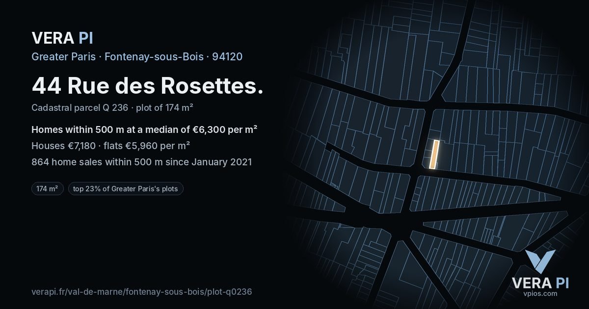 44 Rue des Rosettes, Fontenay-sous-Bois at night – the plot lit, the parcels around coloured by the prices near them