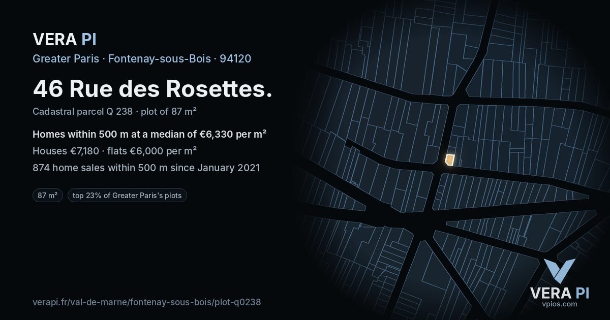 46 Rue des Rosettes, Fontenay-sous-Bois at night – the plot lit, the parcels around coloured by the prices near them