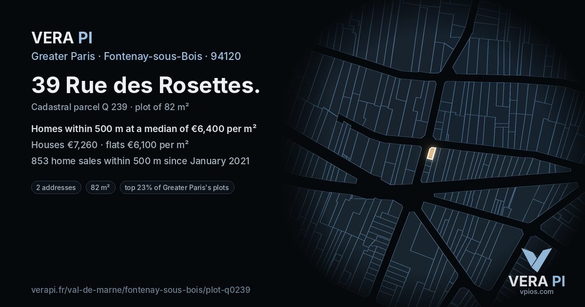 39 Rue des Rosettes, Fontenay-sous-Bois at night – the plot lit, the parcels around coloured by the prices near them