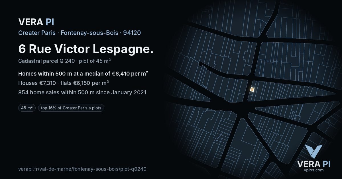 6 Rue Victor Lespagne, Fontenay-sous-Bois at night – the plot lit, the parcels around coloured by the prices near them