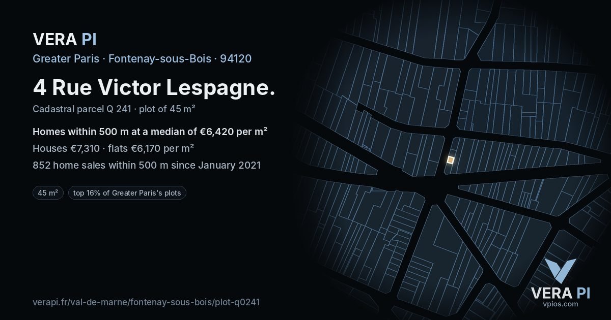 4 Rue Victor Lespagne, Fontenay-sous-Bois at night – the plot lit, the parcels around coloured by the prices near them