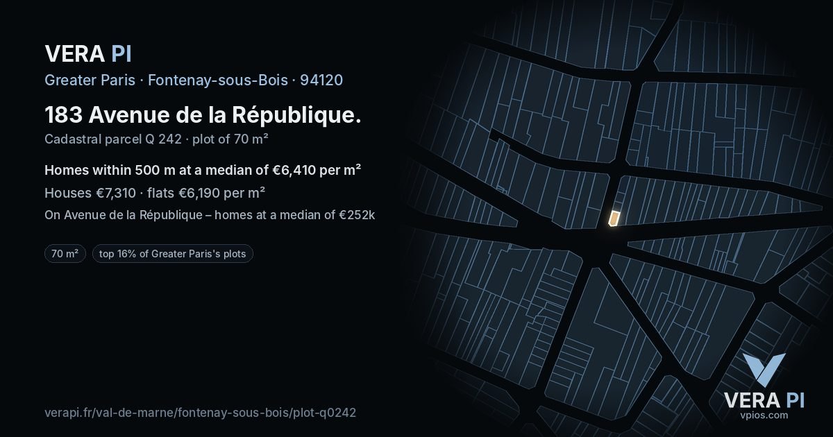 183 Avenue de la République, Fontenay-sous-Bois at night – the plot lit, the parcels around coloured by the prices near them