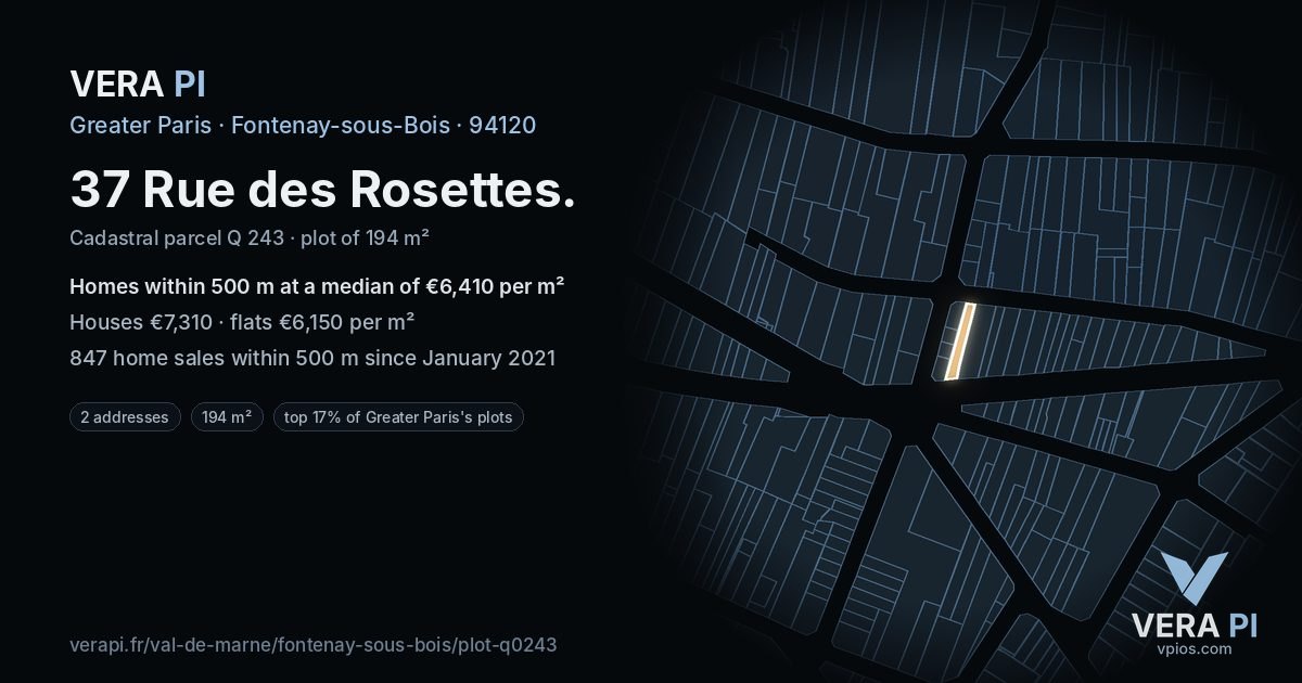 37 Rue des Rosettes, Fontenay-sous-Bois at night – the plot lit, the parcels around coloured by the prices near them