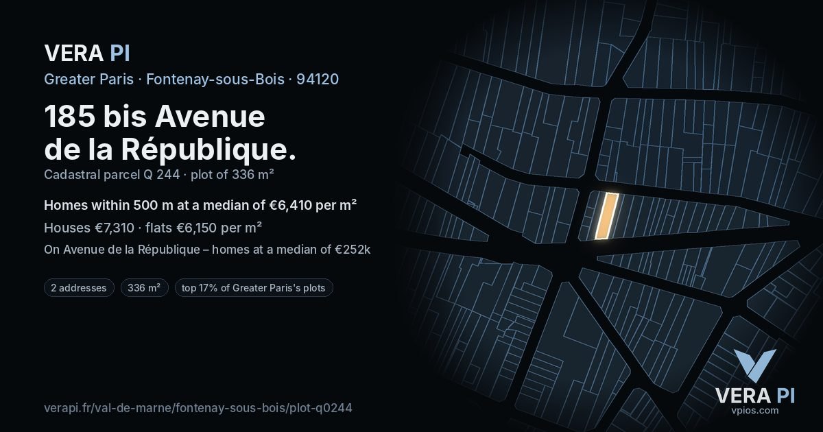 185 bis Avenue de la République, Fontenay-sous-Bois at night – the plot lit, the parcels around coloured by the prices near them