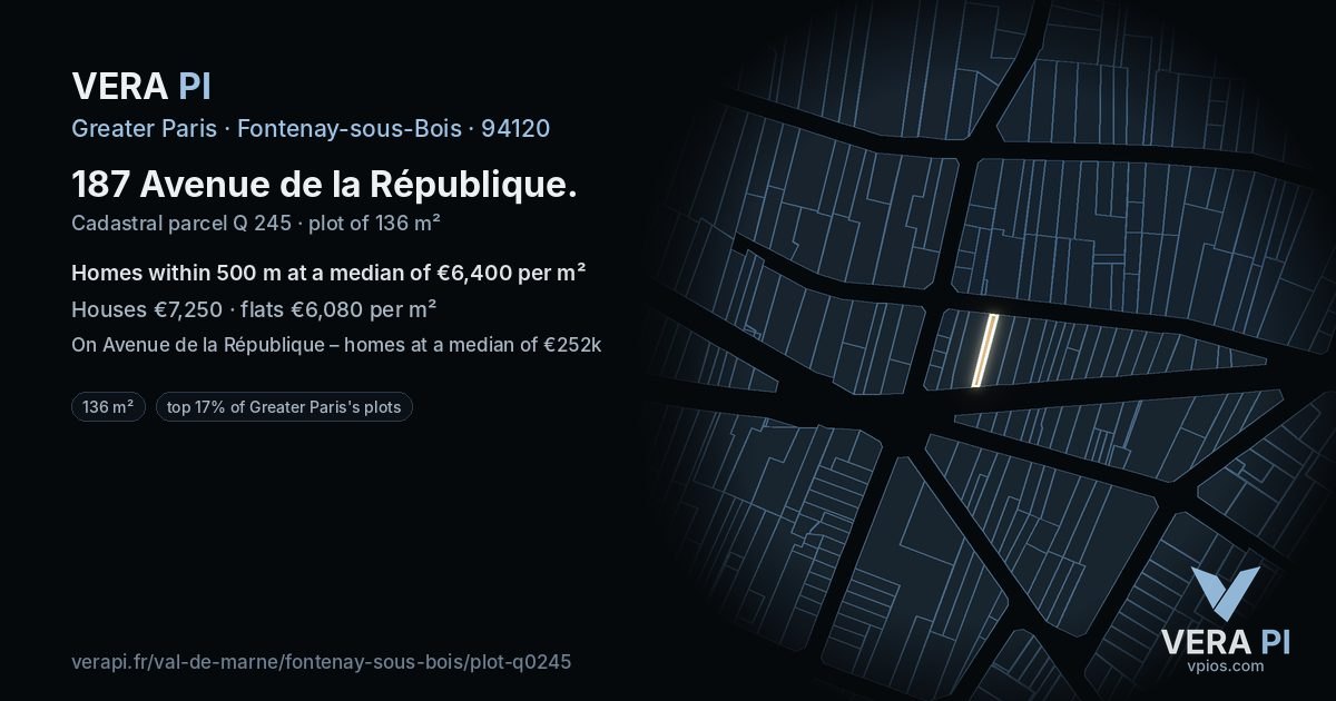 187 Avenue de la République, Fontenay-sous-Bois at night – the plot lit, the parcels around coloured by the prices near them