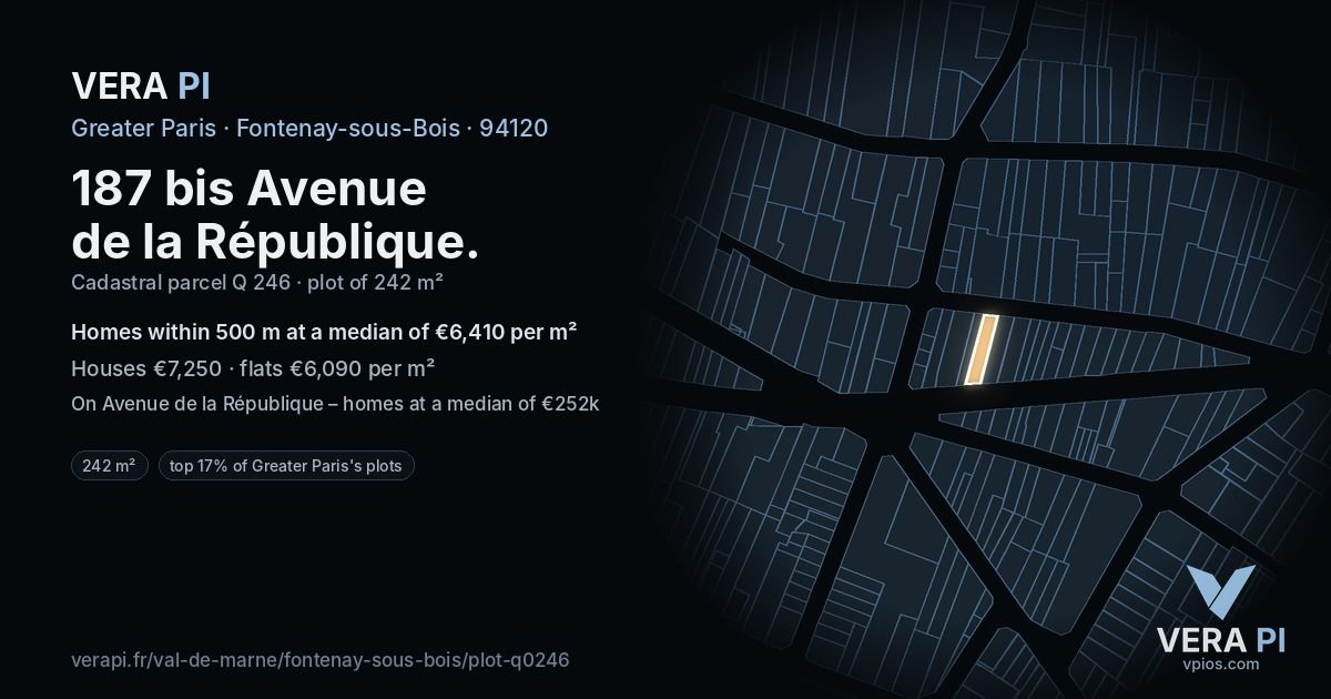 187 bis Avenue de la République, Fontenay-sous-Bois at night – the plot lit, the parcels around coloured by the prices near them