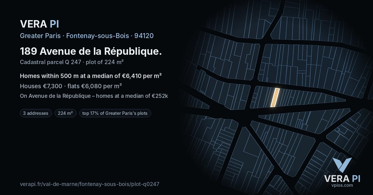 189 Avenue de la République, Fontenay-sous-Bois at night – the plot lit, the parcels around coloured by the prices near them