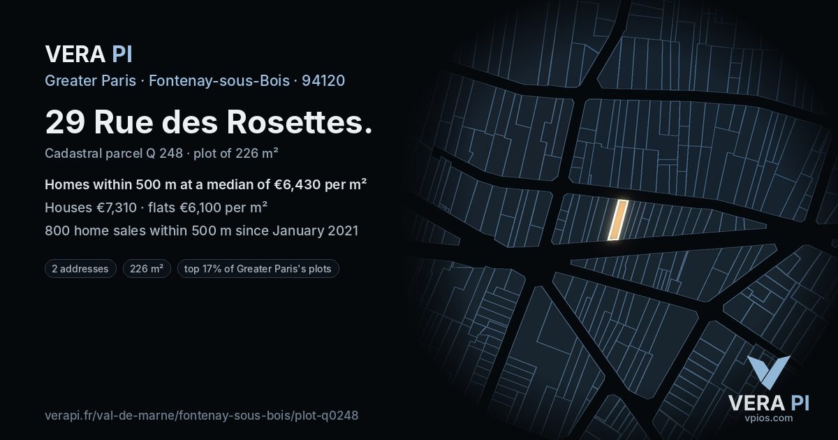 29 Rue des Rosettes, Fontenay-sous-Bois at night – the plot lit, the parcels around coloured by the prices near them