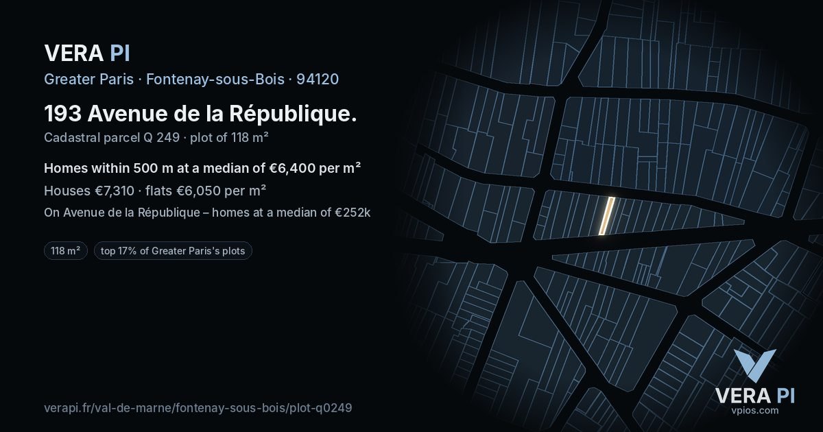 193 Avenue de la République, Fontenay-sous-Bois at night – the plot lit, the parcels around coloured by the prices near them