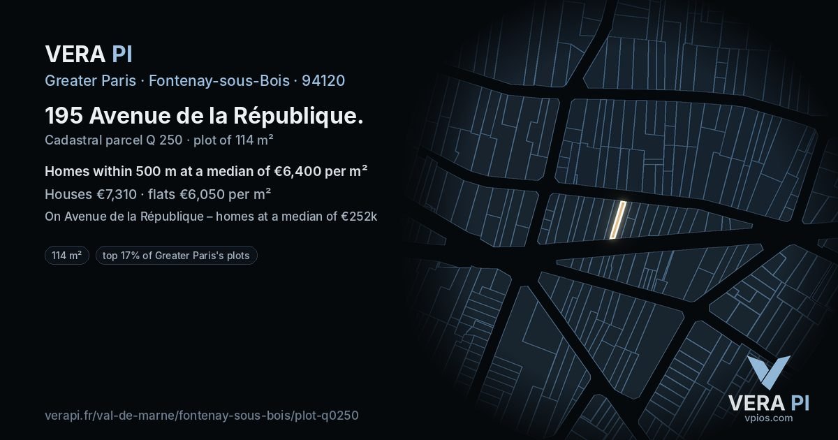 195 Avenue de la République, Fontenay-sous-Bois at night – the plot lit, the parcels around coloured by the prices near them