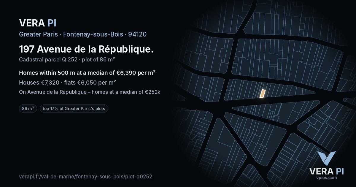 197 Avenue de la République, Fontenay-sous-Bois at night – the plot lit, the parcels around coloured by the prices near them