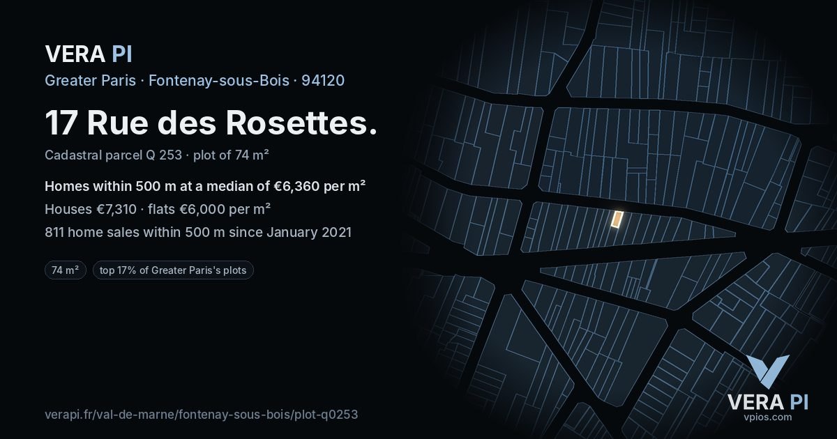 17 Rue des Rosettes, Fontenay-sous-Bois at night – the plot lit, the parcels around coloured by the prices near them