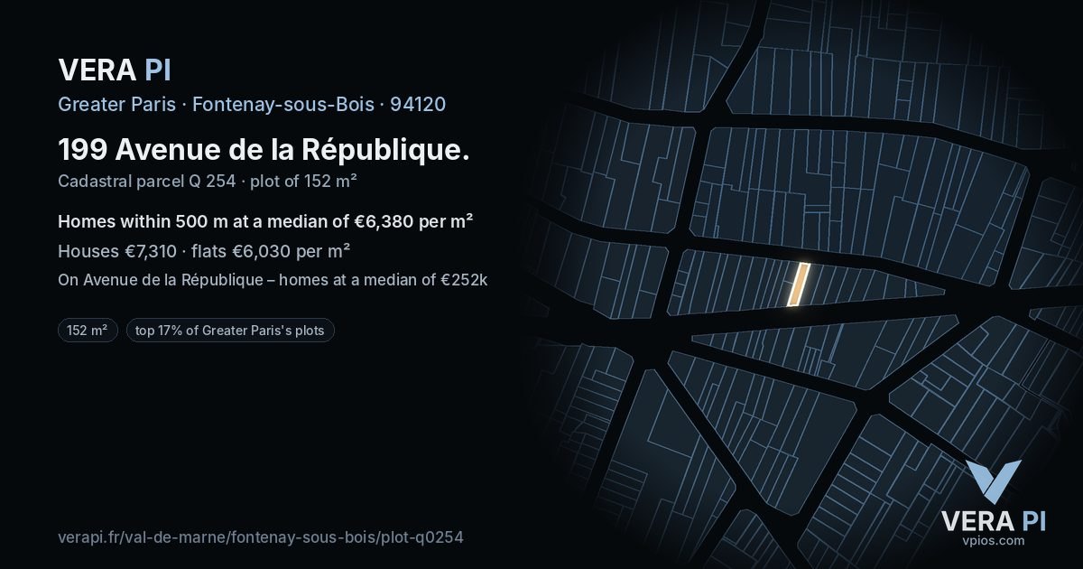 199 Avenue de la République, Fontenay-sous-Bois at night – the plot lit, the parcels around coloured by the prices near them