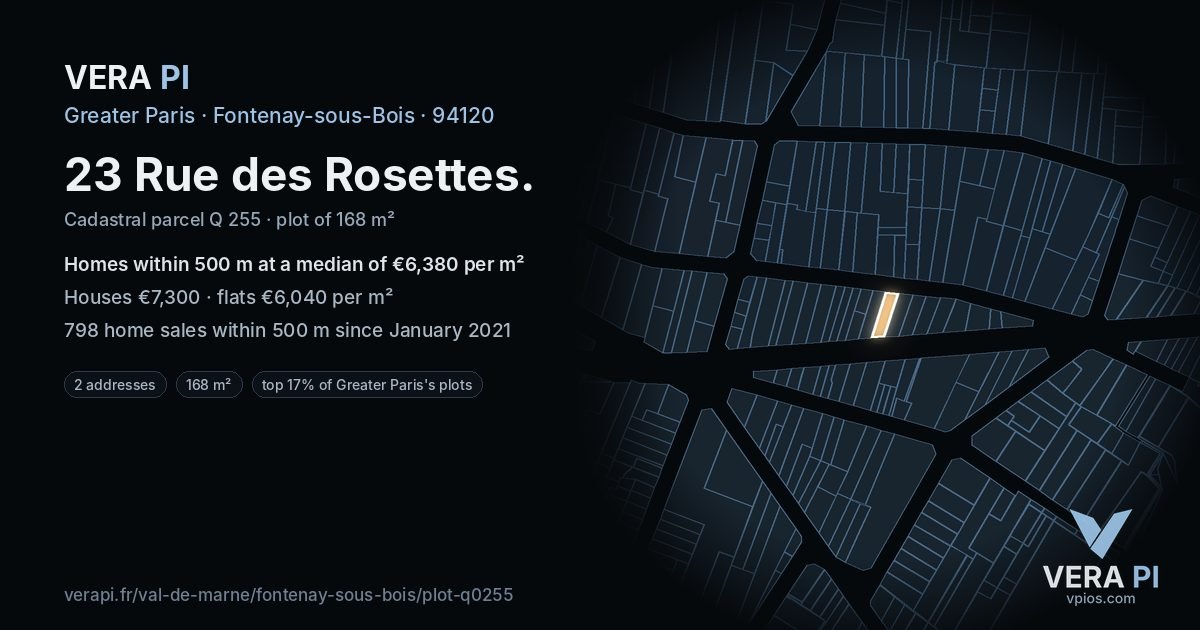 23 Rue des Rosettes, Fontenay-sous-Bois at night – the plot lit, the parcels around coloured by the prices near them