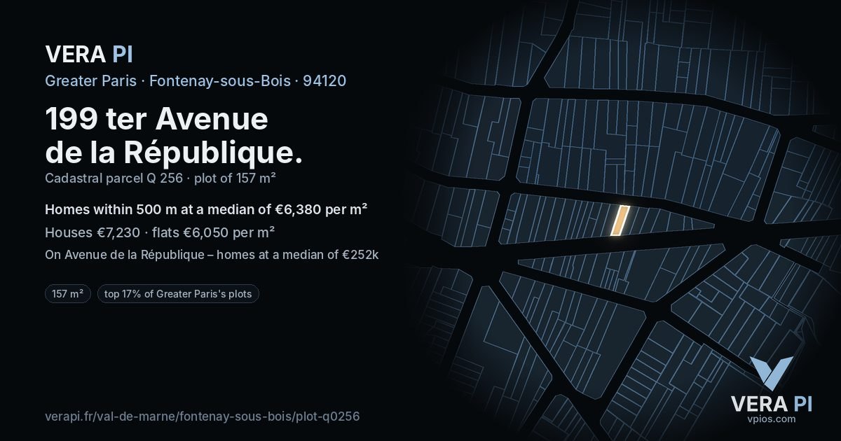 199 ter Avenue de la République, Fontenay-sous-Bois at night – the plot lit, the parcels around coloured by the prices near them