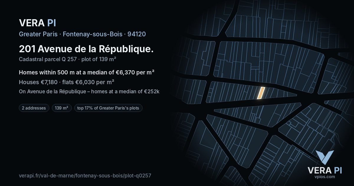 201 Avenue de la République, Fontenay-sous-Bois at night – the plot lit, the parcels around coloured by the prices near them