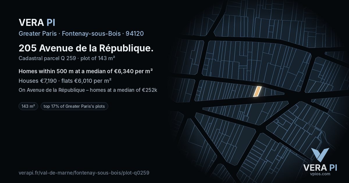 205 Avenue de la République, Fontenay-sous-Bois at night – the plot lit, the parcels around coloured by the prices near them